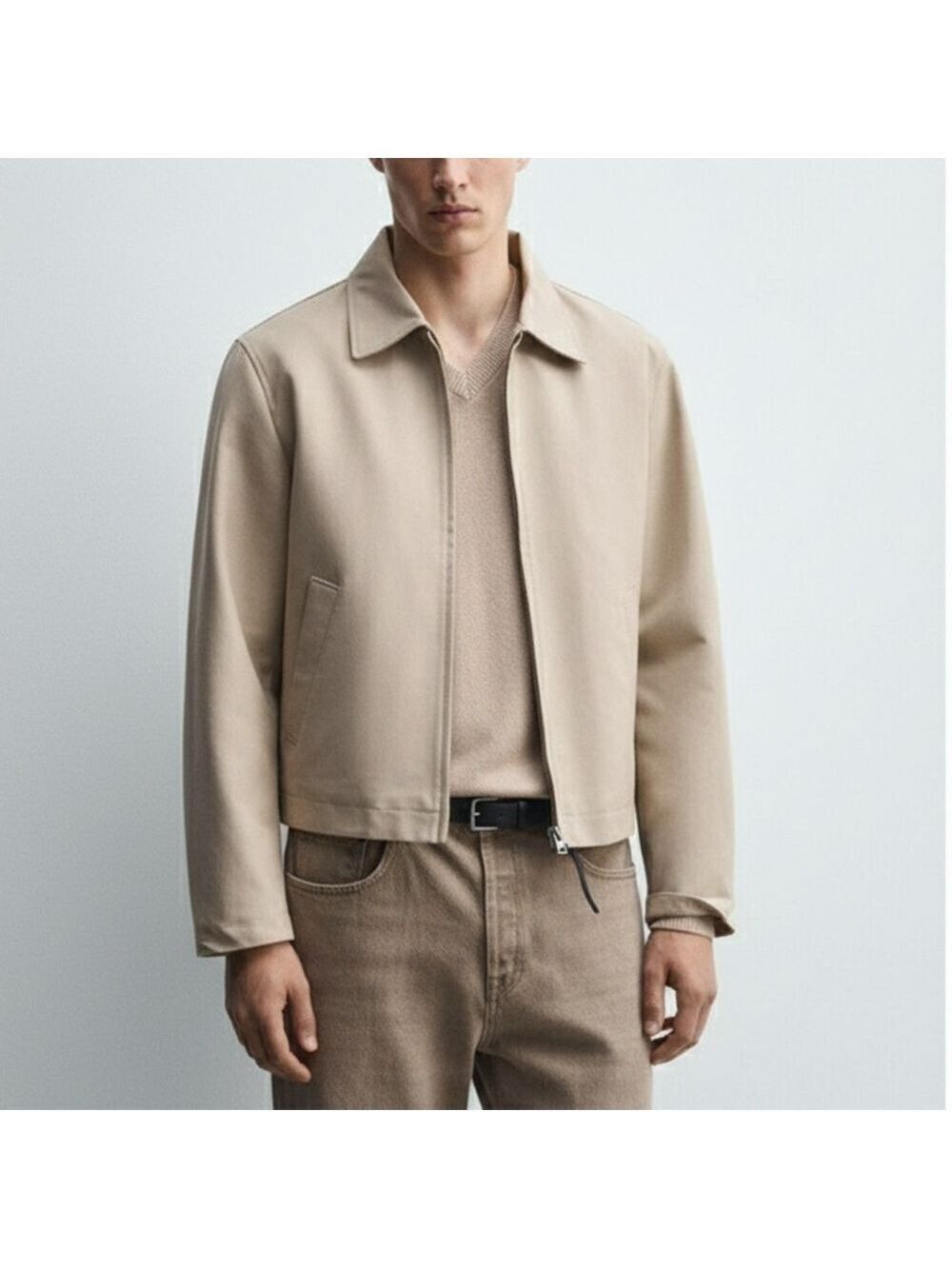 ZARA Men’s Textured Canvas Zip Jacket in Taupe Beige Old money Size M